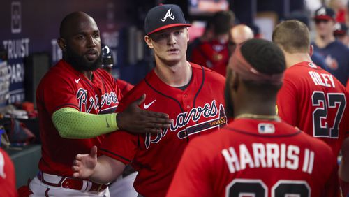 Atlanta Braves starting pitcher Michael Soroka greets teammates after pitching into the sixth inning against the Miami Marlins at Truist Park, Friday, June 30, 2023, in Atlanta. The Braves won 16-4. Jason Getz / Jason.Getz@ajc.com)