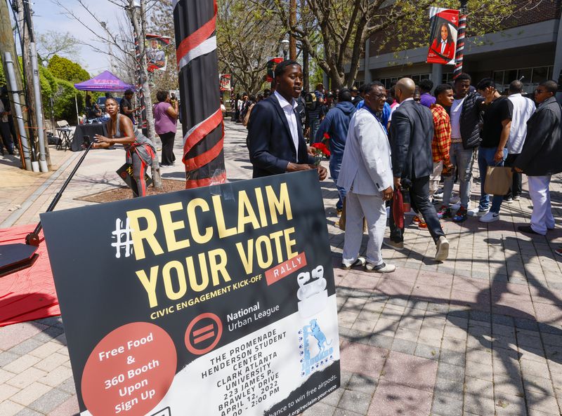 Students and speakers gather at a "Reclaim your vote" rally at Clark Atlanta University In Atlanta on Tuesday, April 12, 2022.  The rally followed the launch of the civic engagement campaign at the 2022 State Of Black America Event by the National Urban League held at CAU. 
 (Bob Andres / robert.andres@ajc.com)