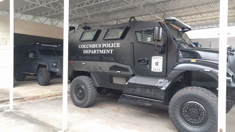 A Columbus Police Department "mrap," a former military vehicle that can be used for rescues in flooded streets.