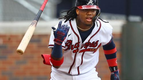 082620 Atlanta: Atlanta Braves outfielder Ronald Acuna leads off with a solo homer against the New York Yankees for a 1-0 lead during the first inning in MLB baseball game on Wednesday, August 26, 2020 in Atlanta.    Curtis Compton ccompton@ajc.com 