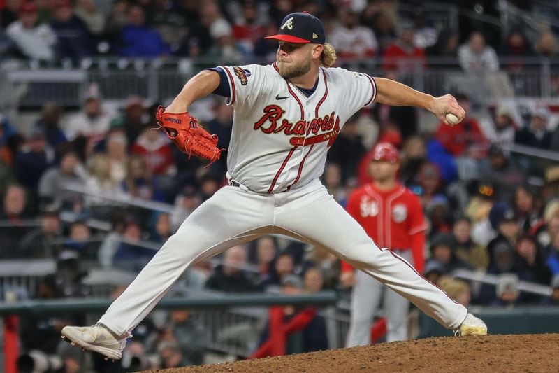 Braves reliever A.J. Minter delivers. The average exit velocity for balls put in play versus Minter this season is 82 mph, which puts the left-hander in the top 10% in MLB. (Branden Camp/for The Atlanta Journal-Constitution)