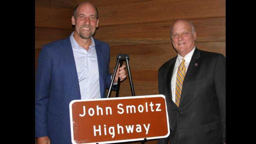 John Smoltz with State Senator Brandon Beach. A stretch of Old Milton Parkway between Highway 9 and GA 400 will renamed for the Hall of Fame Braves' pitcher.