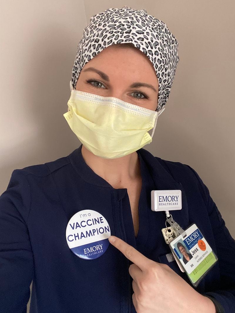 Jessica Lanzo, a nurse at Emory Saint Joseph’s Hospital, who couldn't wait to get the COVID-19 vaccine, wears a “Vaccine Champion” pin, which prompts questions several times a day. “Word spread like wildfire that I got the vaccine, and everyone was eager to ask me about it,” she said.