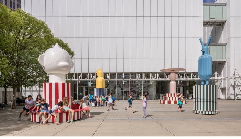 The “Merry Go Zoo” figures in the courtyard of the High Museum are meant for play, and on a recent Friday, children could be seen pushing and twirling and riding on the structures. CONTRIBUTED BY JONATHAN HILLYER