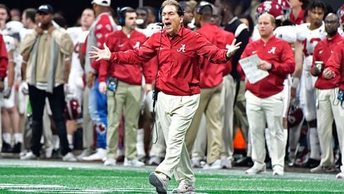 Alabama coach Nick Saban shouts instructions in the second half during College Football Playoff Championship game at Mercedes-Benz Stadium on Monday, January 8, 2018. Alabama came back from a 13-point second-half deficit after switching to the young quarterback in a dramatic 26-23 overtime victory over Georgia. HYOSUB SHIN / HSHIN@AJC.COM
