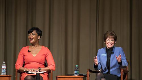 Atlanta mayoral candidates Keisha Lance Bottoms, left, and Mary Norwood participate in a forum Tuesday at the Carter Center. ALYSSA POINTER/ALYSSA.POINTER@AJC.COM
