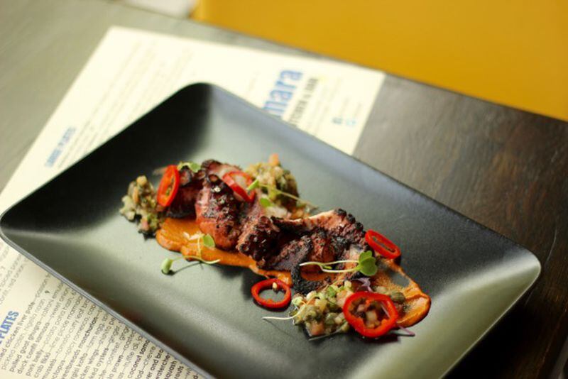 Octopus with spicy romesco and caper kachumbe. Credit: Amara.