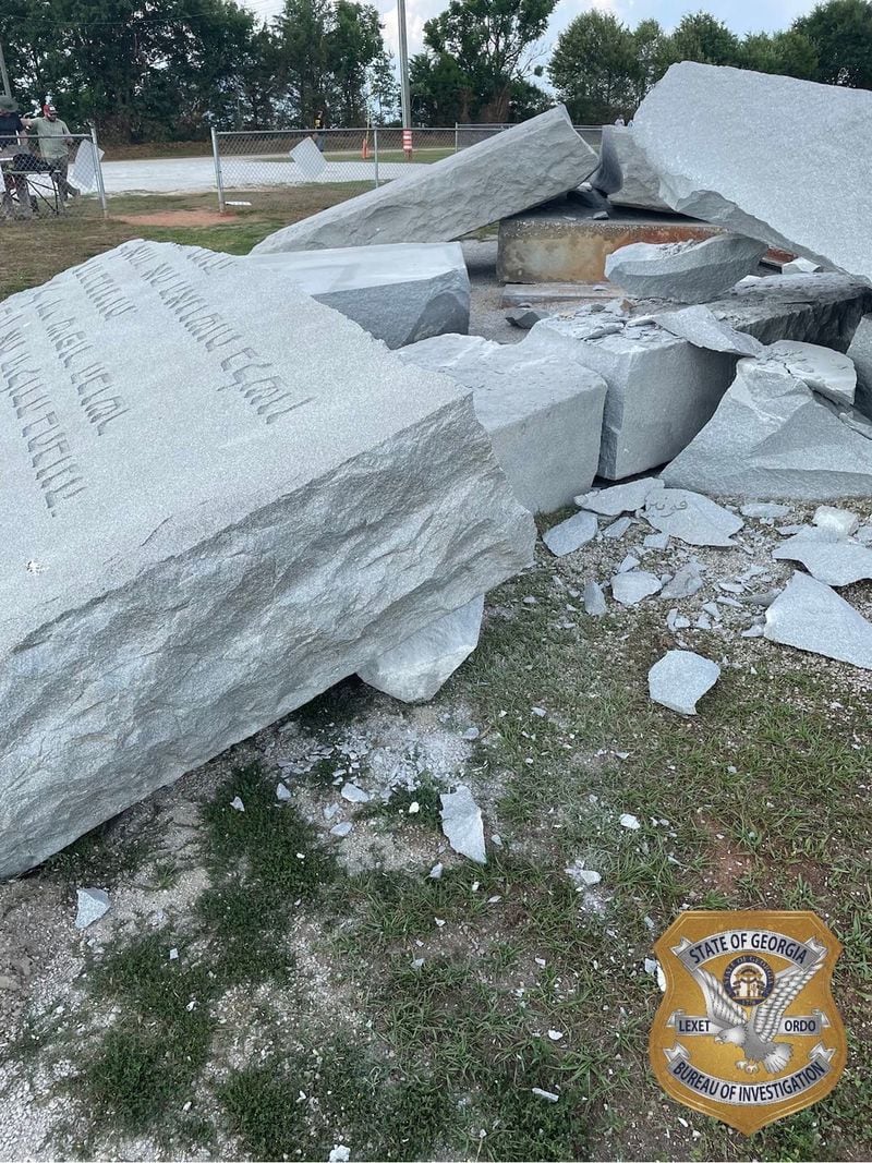 The explosion that damaged the Georgia Guidestones Wednesday, July 6, 2022, was so extensive that the remaining structure had to be demolished. (GBI)