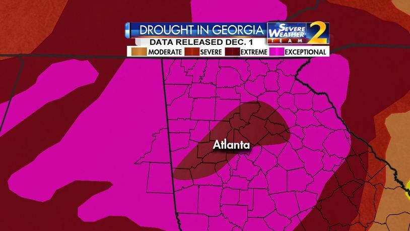 “Exceptional” drought covers most of North Georgia, but rain this week is not factored into Thursday’s data. (Credit: Channel 2 Action News)