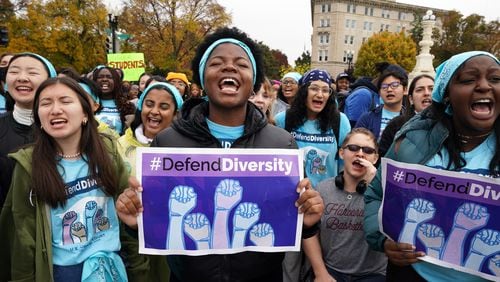 Activists rally outside the Supreme Court in Washington on Monday, Oct. 31, 2022, as the justices hear oral arguments in the affirmative action cases involving Harvard and the University of North Carolina at Chapel Hill. (Shuran Huang/The New York Times)