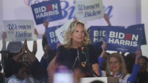 First lady Jill Biden speaks to supporters Friday at Studio House Atlanta, a female-owned event and working space. Biden traveled to Georgia to launch "Women for Biden-Harris," a national organizing program to reach and mobilize women across the country to reelect Joe Biden and Kamala Harris.  (Jason Getz / jason.getz@ajc.com)