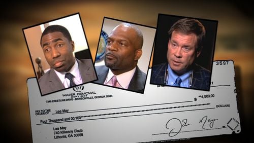 A $4,000 check was written by DeKalb contractor Doug Cotter, right. Cotter has said he gave the money to former DeKalb Commission Chief of Staff Morris Williams, center, to help Interim DeKalb CEO Lee May, left, with financial difficulties. May says he never saw or knew about the money. Photo illustration by Josh Wade / Channel 2 Action News.