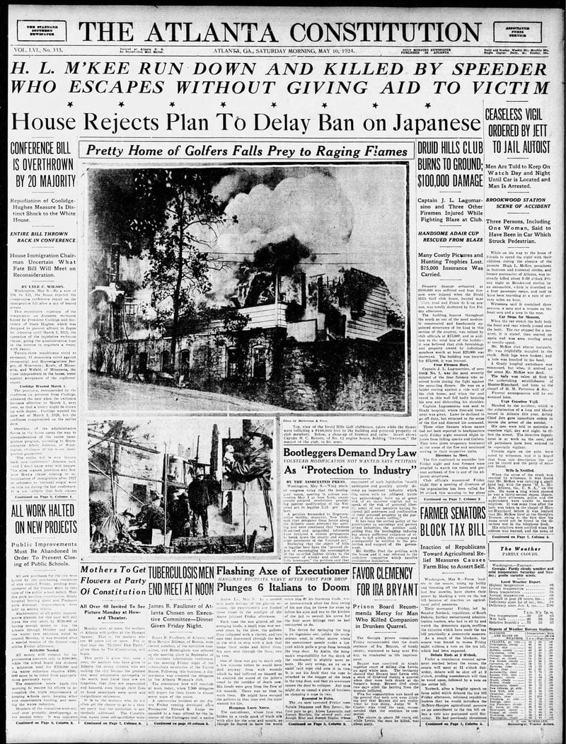 The Atlanta Constitution front page on May 10, 1924.