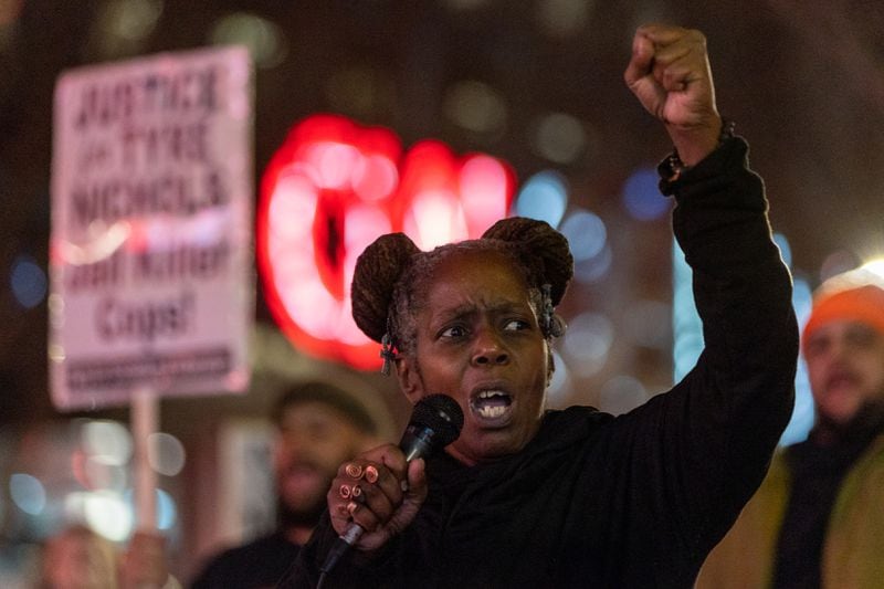 Dawn O’Neal speaks during a protest on Friday, January 27, 2023, against the killing of Tyre Nichols in an incident with Memphis police. About 50 protesters gathered at Centennial Olympic Park in Atlanta. (Arvin Temkar / arvin.temkar@ajc.com)