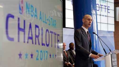 FILE - In this Tuesday, June 23, 2015 file photo NBA Commissioner Adam Silver speaks during a news conference to announce Charlotte, N.C., as the site of the 2017 NBA All-Star basketball game. The NBA is moving the 2017 All-Star Game out of Charlotte because of its objections to a North Carolina law that limits anti-discrimination protections for lesbian, gay and transgender people, Thursday, July 21, 2016. (AP Photo/Chuck Burton, File)