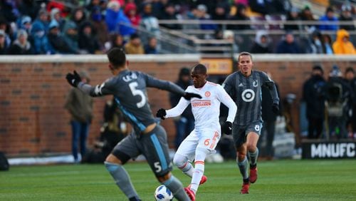 Atlanta United's Darlington Nagbe attempts a pass in the first half of Saturday's game at Minnesota United. (Atlanta United)