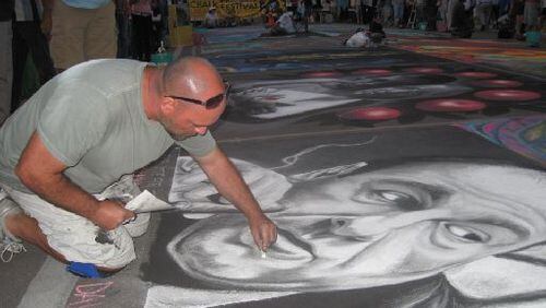 David Lepore of West Palm Beach, Fla., is one of more than 40 national chalk artists who will be creating works this weekend at Marietta ChalkFest. He David prefers to depict iconic heroes and villains, using movie clips as inspiration.