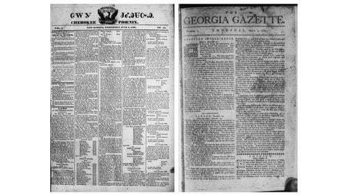 Among the newspapers digitized by the Digital Library of Georgia is the Cherokee Phoenix in both English and the Cherokee language (left) and an issue of the Georgia Gazette from 1763. Photos: University of Georgia