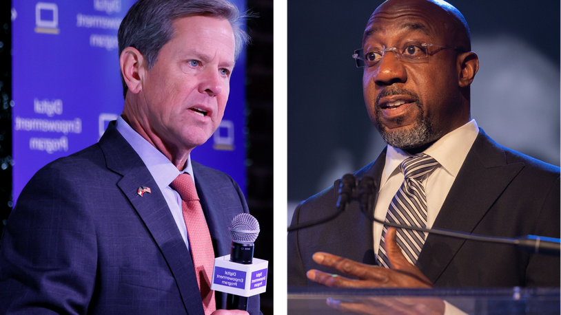 Georgia Gov. Brian Kemp (left) and U.S. Sen. Raphael Warnock are leading in close races in the latest Atlanta Journal-Constitution poll. AJC file photos.