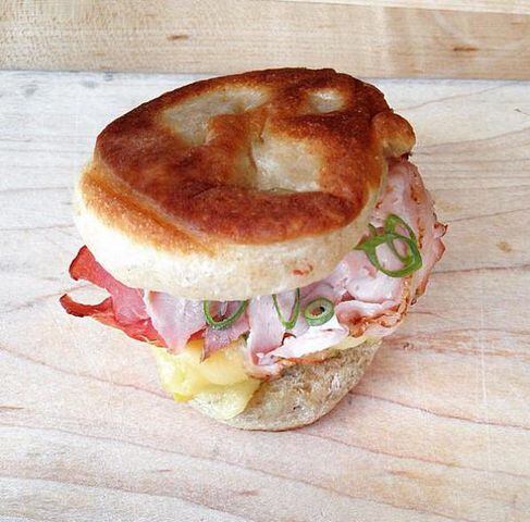 Rosemary ham, Gruyere and baked egg sandwich on a homemade English muffin at Cakes and Ale