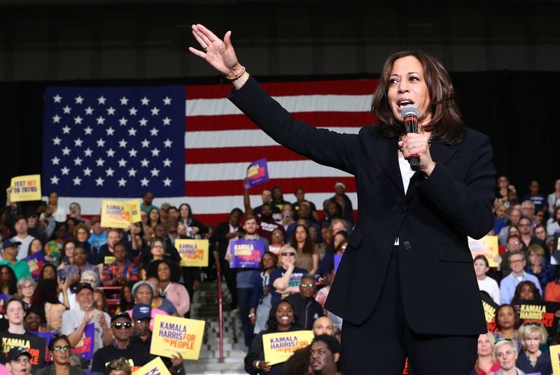 U.S. Senator Kamala D. Harris, D-California, addresses supporters while holding a campaign rally at Morehouse College on Sunday, March 24, 2019, in Atlanta. The Democratic candidate for president is at least the fifth presidential candidate to visit Georgia in the 2020 cycle.  Curtis Compton/ccompton@ajc.com