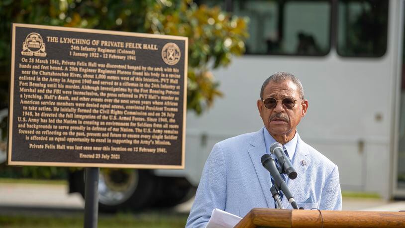 08/03/2021 —Fort Benning, Georgia — Congressman Sanford D. Bishop Jr. makes remarks during a memorial dedication for Pvt. Felix Hall at Fort Benning, Tuesday, August 3, 2021. Pvt. Felix Hall was lynched at the Army base in 1941. (Alyssa Pointer/Atlanta Journal Constitution)