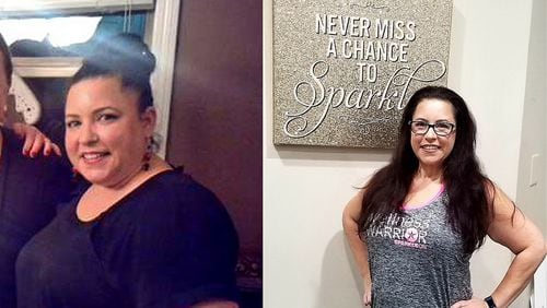 In the photo on the left, taken in December 2015, Beth Sherwood weighed 248 pounds. In the photo on the right, taken this month, she weighed 169 pounds. (Photos contributed by Beth Sherwood)