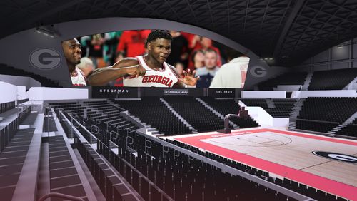 This graphic is a rendering of what the proposed new video board -- expected to be the biggest of its kind indoors in the U.S. -- will look like when it is added iat Stegeman Coliseum before the 2025-26 basketball season. Funding for the project was approved by the UGA Athletic Association's Board of Directors meeting on Thursday at Lake Oconee. (Provided by UGA Athletic Association).