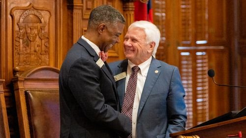 (L-R) Rep. James Beverly, D-Macon, is greeted by House Speaker Jon Burns, R-Newington, following Beverly’s farewell speech at the House of Representatives at the Capitol in Atlanta on Tuesday, March 26, 2024. (Arvin Temkar / arvin.temkar@ajc.com)