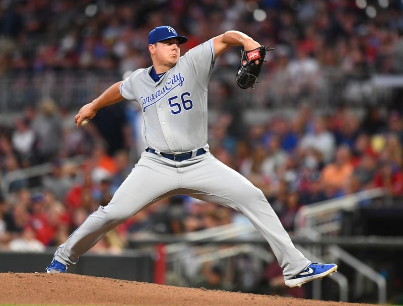 Brad Keller #56 of the Kansas City Royals throws a pitch against the Atlanta Braves at SunTrust Park. (Photo by Scott Cunningham/Getty Images)
