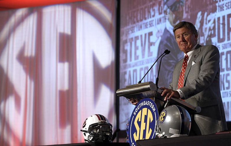 South Carolina coach Steve Spurrier speaks to the media at the Southeastern Conference NCAA college football media days, Tuesday, July 14, 2015, in Hoover, Ala. (AP Photo/Butch Dill)