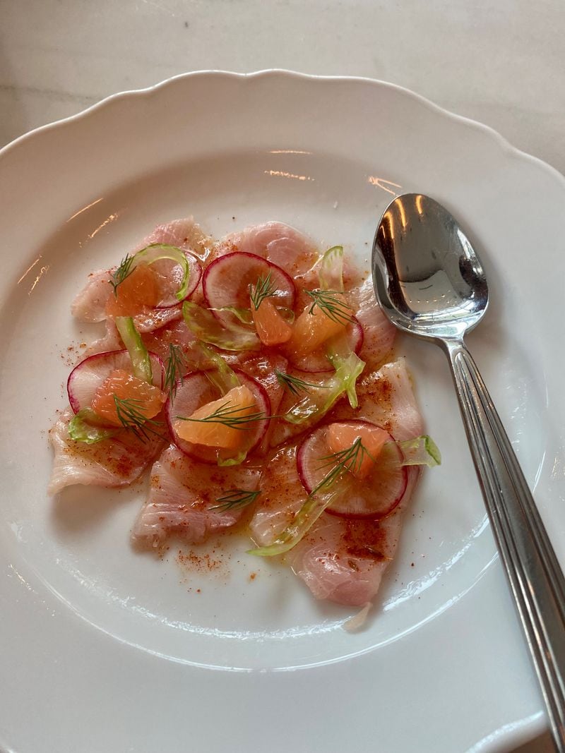 This raw hamachi at Lucian glistens with grapefruit, celery, radish and a sprinkle of Berbere spice. Wendell Brock for the Atlanta Journal-Constitution
