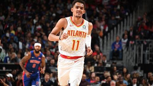 DETROIT, MI - OCTOBER 24:  Trae Young #11 of the Atlanta Hawks smiles against the Detroit Pistons on October 24, 2019 at Little Caesars Arena in Detroit, Michigan. NOTE TO USER: User expressly acknowledges and agrees that, by downloading and/or using this photograph, User is consenting to the terms and conditions of the Getty Images License Agreement. Mandatory Copyright Notice: Copyright 2019 NBAE (Photo by Chris Schwegler/NBAE via Getty Images)