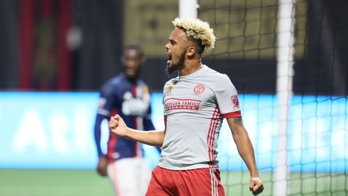 September 13, 2017 Atlanta. Atlanta United defender Anton Walkes reacts after scoring the  four goal of the team on stoppage time during the first half giving the Atlanta United a comfortable lead of four to nothing against the New England Revolution.