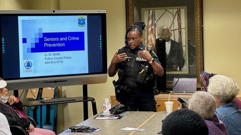During Older Americans Month this month, Fulton County Police Lieutenant Maureen Smith recently instructed and empowered seniors with crime prevention tips at the H.J.C. Bowden Senior Multipurpose Facility. This teaching is especially important to help establish more awareness on crimes that specifically target seniors. (Courtesy of Fulton County)