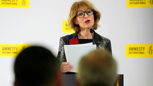 EMBARGOED UNTIL 00.01 UTC APRIL 24,2024 Agnes Callamard, Secretary General of Amnesty International, speaks at a press conference in London, ahead of the launch of 'The State of the World's Human Rights', its annual report on the global human rights situation, Tuesday, April 23, 2024. The report will be published on Wednesday April 24, covering 155 countries and including regional and global analyses, it provides the most comprehensive overview of human rights trends and developments in the world today. (AP Photo/Kirsty Wigglesworth)