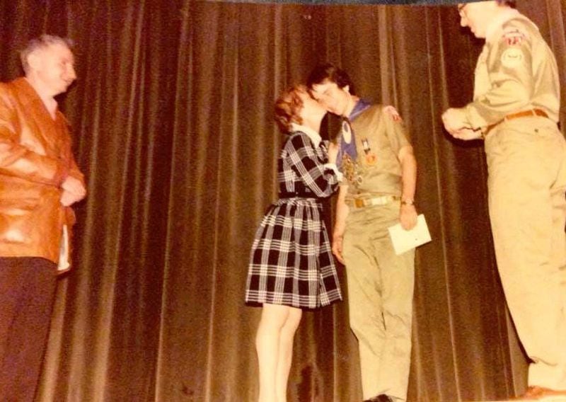 Mike Rose getting congratulated by his mother, Yetta Rose, at his 1979 Eagle Scout ceremony. At left is his father, Herbert Rose. At right is Scout master Josiah Victor Benator, who led both Herbert and Mike Rose's troops.