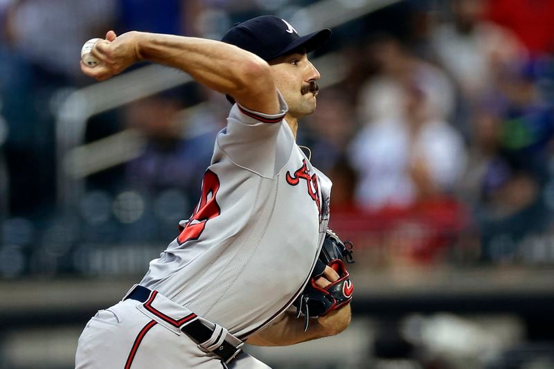 Atlanta Braves pitcher Spencer Strider throws against the New York Mets during the first inning in the second baseball game of a doubleheader on Saturday, Aug. 12, 2023, in New York. (AP Photo/Adam Hunger)