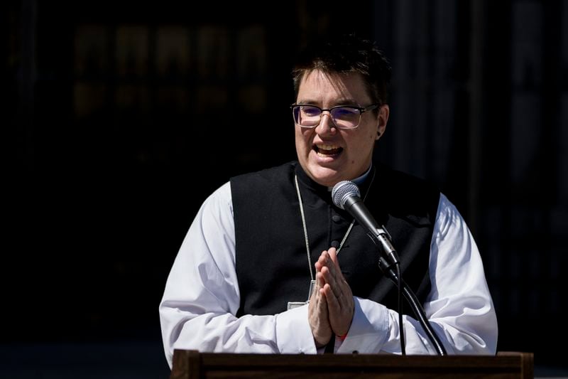 FILE - Bishop Megan Rohrer speaks to the press before their installation ceremony at Grace Cathedral in San Francisco, Saturday, Sept. 11, 2021.When the United Methodist Church removed anti-LGBTQ language from its official rules in recent days, it marked the end of a half-century of debates over LGBTQ inclusion in mainline Protestant denominations. The moves sparked joy from progressive delegates, but the UMC faces many of the same challenges as Lutheran, Presbyterian and Episcopal denominations that took similar routes, from schisms to friction with international churches to the long-term aging and shrinking of their memberships. (AP Photo/John Hefti)
