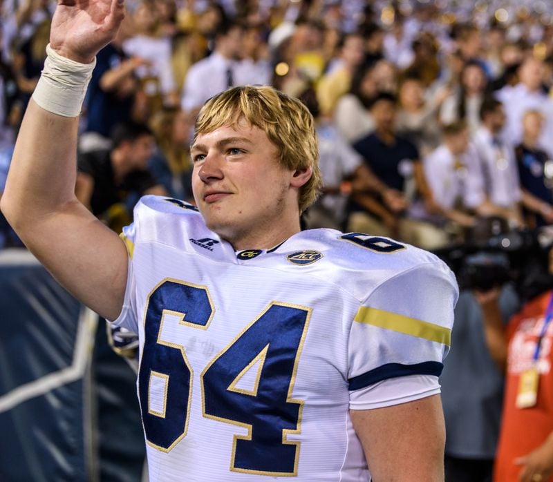 Georgia Tech  senior walk-on Cheyenne Hunt encountered some bad luck this week. In five seasons with the team, Hunt had never so much as missed a single practice, but turned his ankle in a weight-room exercise on Monday and was on crutches. Hunt joked that he jinxed himself because he had recently informed offensive-line coach Mike Sewak of his streak. (Danny Karnik/Georgia Tech Athletics)