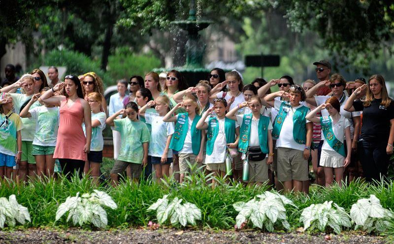 A Girl Scout troop visiting the city stopped in Lafayette Square and paid tribute to the fallen ranger.