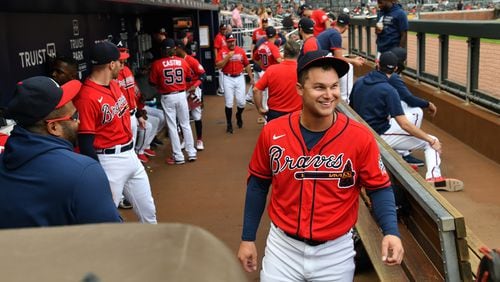 Braves outfielder Joc Pederson smiles in the dugout in the first inning at Truist Park on Friday, July 16, 2021. (Hyosub Shin / Hyosub.Shin@ajc.com)