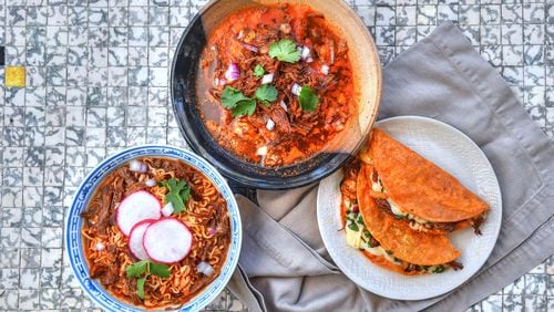 This Mexican stew can be served in multiple ways, such as Birria de Res (top), Birria Ramen (bottom left) and Quesabirria Tacos. Styling by Kate Williams / Chris Hunt for the AJC