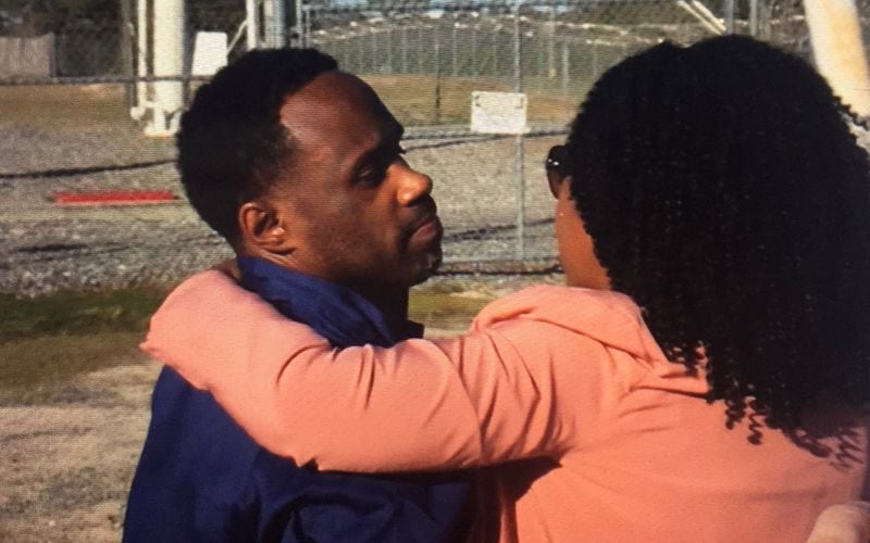 Kerry Robinson hugs his sister, Miranda Taylor, after walking out of a South Georgia prison on Wednesday, January 8, 2020. Robinson was freed by DNA testing after serving 18 years for a rape he didn’t commit. (Photo courtesy of the Georgia Innocence Project)