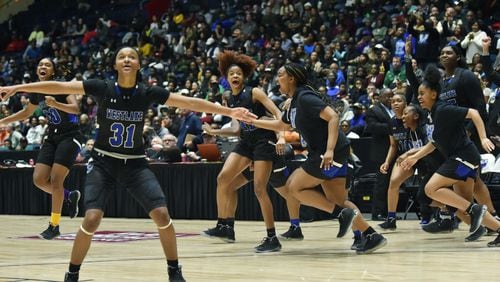 Westlake players celebrate their victory during 2020 GHSA State Basketball Class Championship game at the Macon Centreplex in Macon on Saturday, March 7, 2020. Westlake won 72-53 over Collins Hill. (Hyosub Shin / Hyosub.Shin@ajc.com)