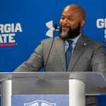 New Georgia State head football coach Dell McGee answers questions during a press conference at University Club at Center Parc Stadium on Monday, Feb. 26, 2024, in Atlanta. (Atlanta Journal-Constitution/Jason Allen)