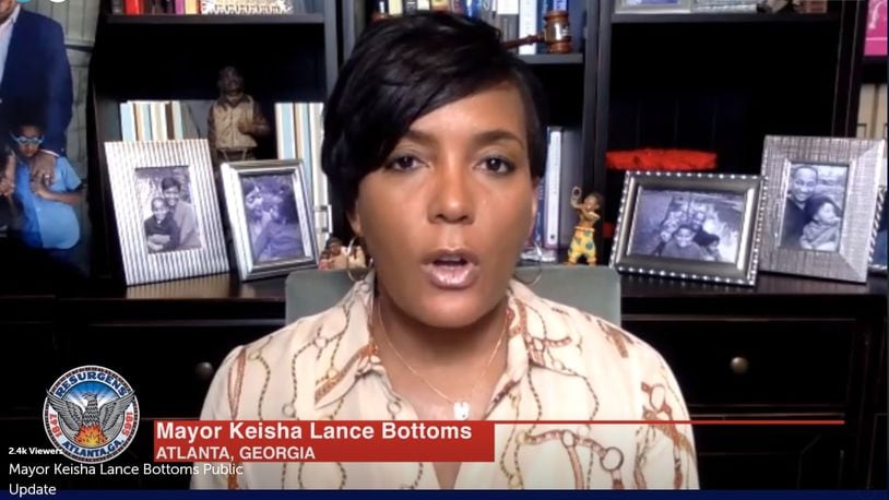 Atlanta Mayor Keisha Lance Bottoms speaks Thursday during an online update of the city.