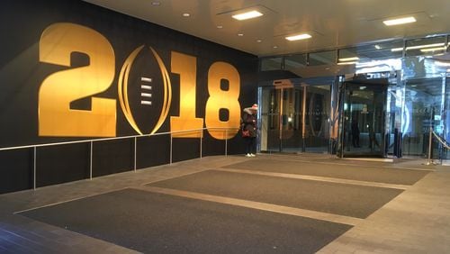 Rates at the Hyatt Regency, shown here in its National Championship finery, are much higher than usual this weekend, but there's lots of availability. Photo: Jennifer Brett