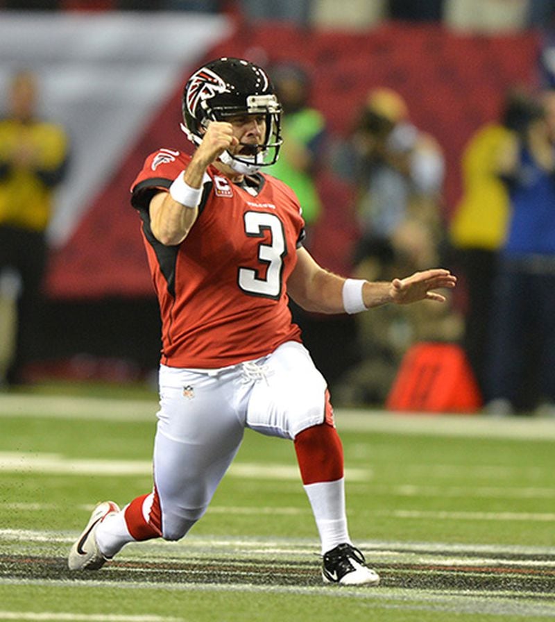 Kicker Matt Bryant celebrates his game-winning field goal against the Seattle Seahawks, which sent the Falcons to NFC Championship Game in 2012. (Curtis Compton/AJC)