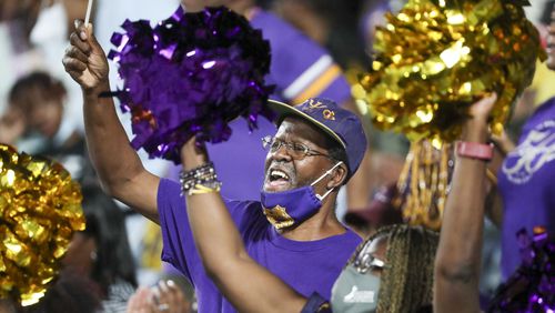 Those with a stake in Atlanta's big public events are hoping  the beginning of 2021's football season will be a barometer of the return of the events industry which has been hurt by the COVID-19 pandemic. More than 15,000 fans including these for Alcorn State University, turned out for the city's first college game of the season as North Carolina Central University played them at the Cricket MEAC/SWAC Challenge at Center Parc Stadium last weekend. (Alyssa Pointer/Atlanta Journal Constitution)